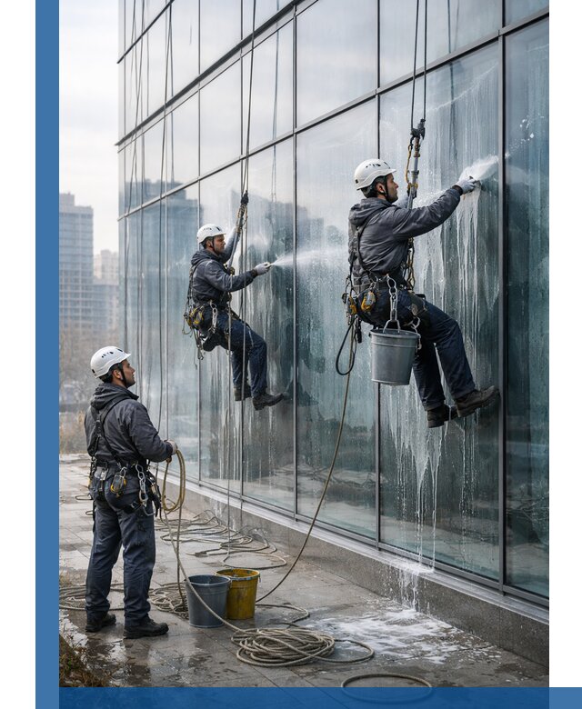 Промышленная мойка панорамных окон на высоте в Шарыпове