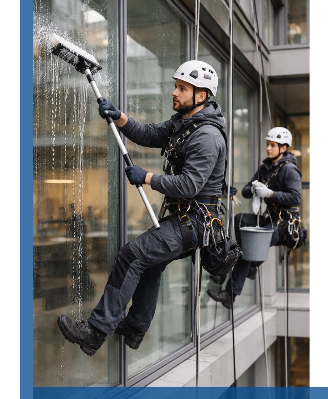 Профессиональная мойка витражей промышленными альпинистами в Шарыпове