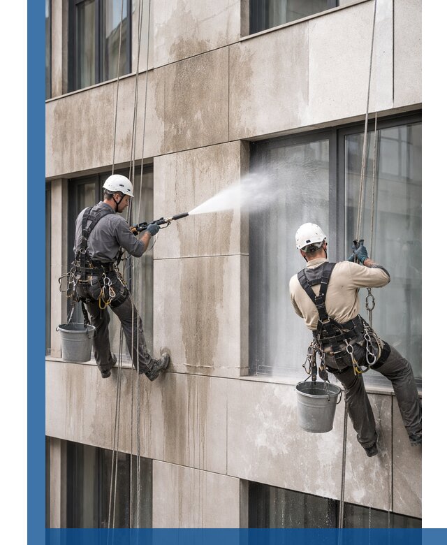 Послестроительная мойка фасада промышленным альпинизмом в Шарыпове