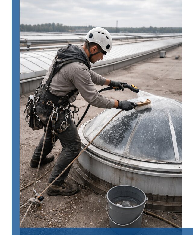 Мойка зенитных фонарей на кровле для промышленных объектов в Шарыпове