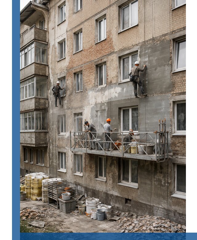 Капитальный ремонт фасада в Шарыпове с восстановлением и гидроизоляцией