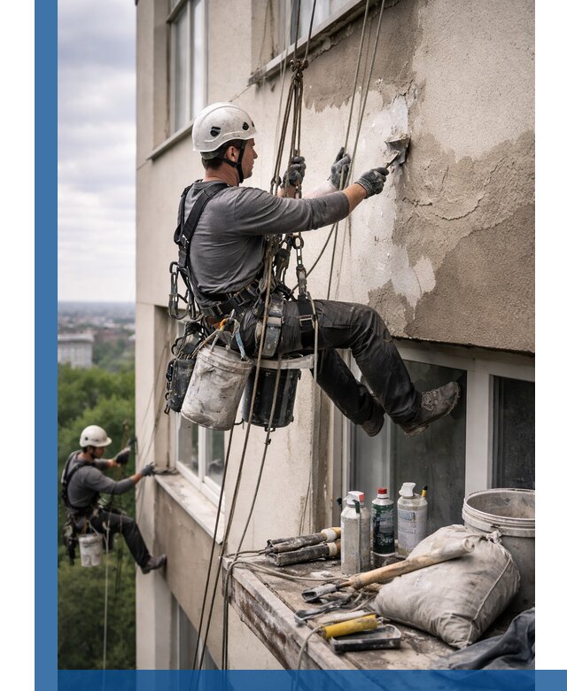 Косметический ремонт фасада зданий в Шарыпове промышленными альпинистами