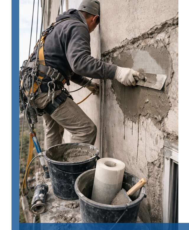 Ремонт бетонных элементов фасада промышленными альпинистами в Шарыпове