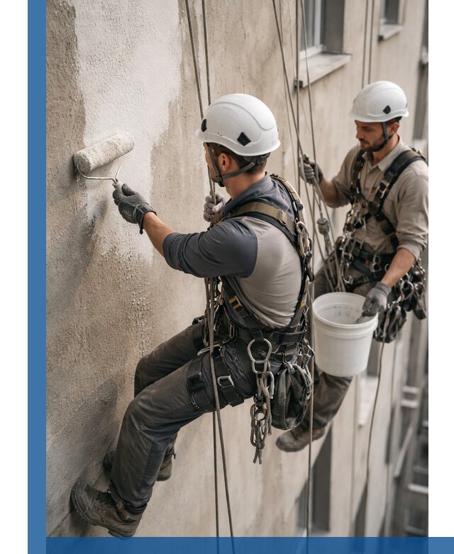 Грунтовка фасада на высоте в Шарыпове промышленными альпинистами