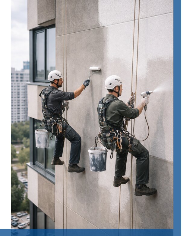 Покраска фасада альпинистами в Шарыпове от 303 р. | ВЫСОТНИК-Шрп