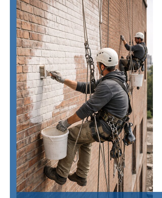 Покраска кирпичного фасада с доступным альпинистским сервисом в Шарыпове