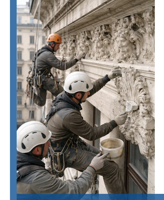 Реставрация фасадной лепнины с высотными работами в Шарыпове