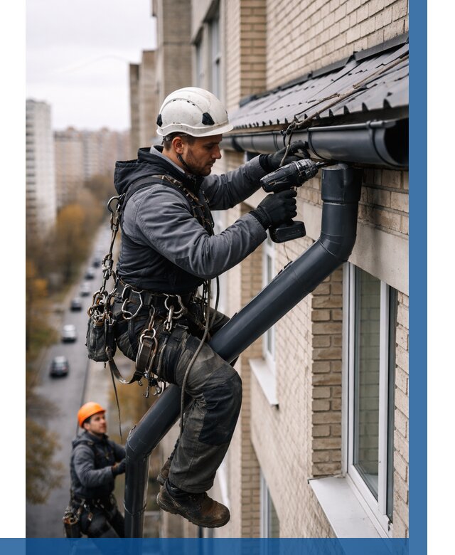 Монтаж водосточной системы на здании в Шарыпове от 5053 р. | ВЫСОТНИК-Шрп