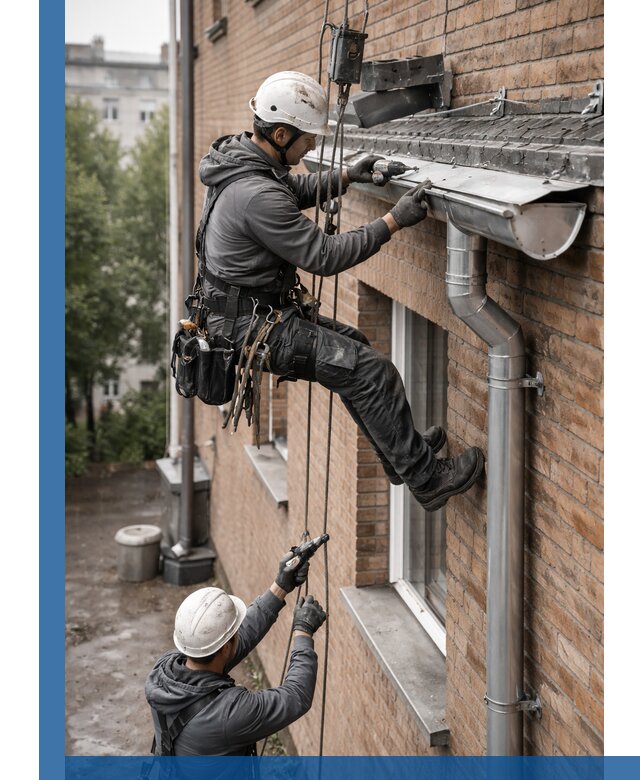 Монтаж водосточной системы на здании в Шарыпове под ключ