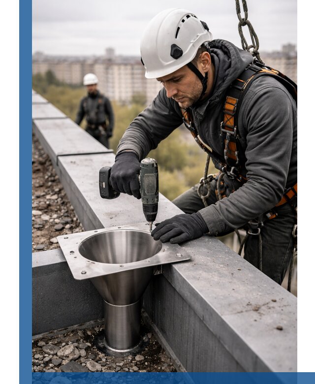 Монтаж водосточных воронок в Шарыпове для промышленных зданий