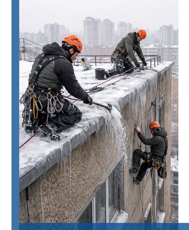 Удаление наледи с кровли в Шарыпове промышленными альпинистами