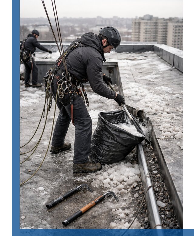 Аварийная очистка кровли в Шарыпове от промальпинистов