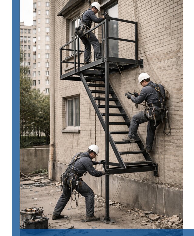 Монтаж пожарной лестницы в Шарыпове, установка и крепление