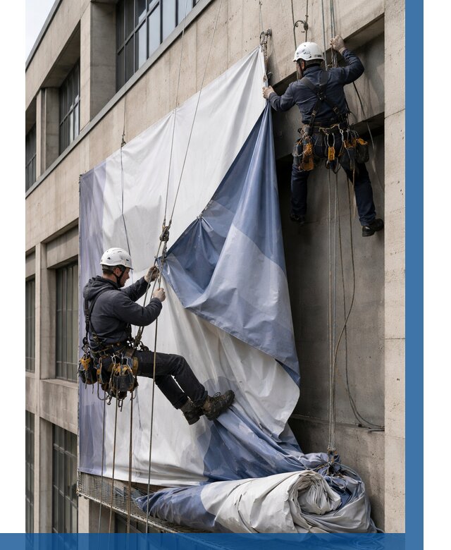 Демонтаж баннеров с фасада в Шарыпове от 4547 р. | ВЫСОТНИК-Шрп