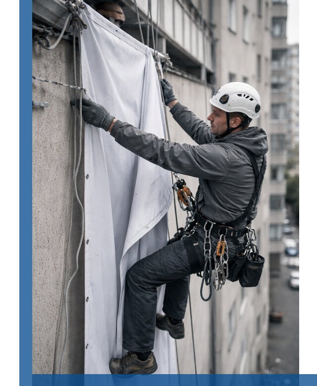 Замена баннерного полотна промышленными альпинистами в Шарыпове