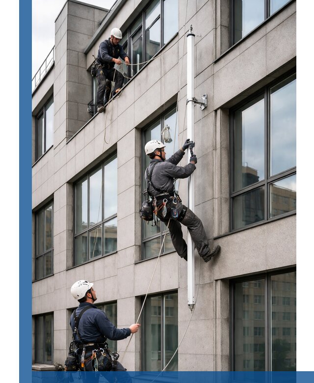 Монтаж флагштока на фасаде здания с креплением и герметикой в Шарыпове