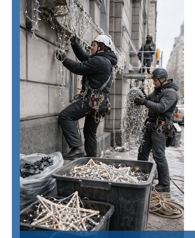 Демонтаж новогоднего оформления и гирлянд в Шарыпове