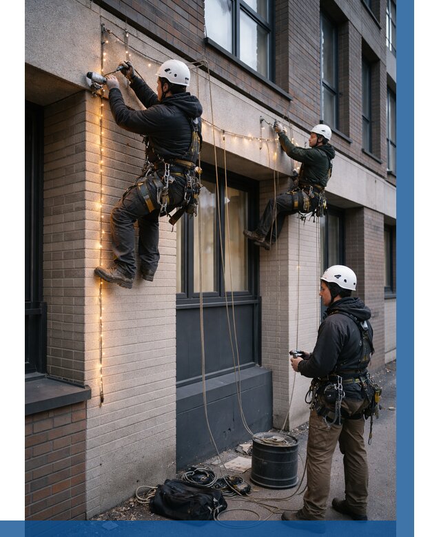 Монтаж гирлянд на фасаде в Шарыпове от 3537 р. | ВЫСОТНИК-Шрп