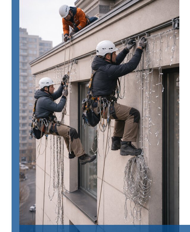 Монтаж праздничных гирлянд на фасаде в Шарыпове для зданий