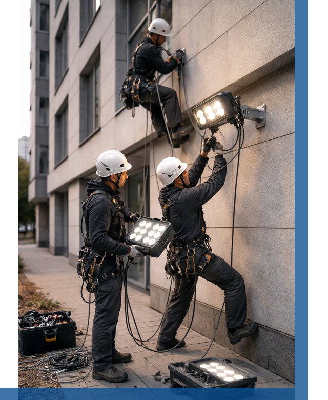 Монтаж прожекторов на фасаде в Шарыпове от 7579 р. | ВЫСОТНИК-Шрп