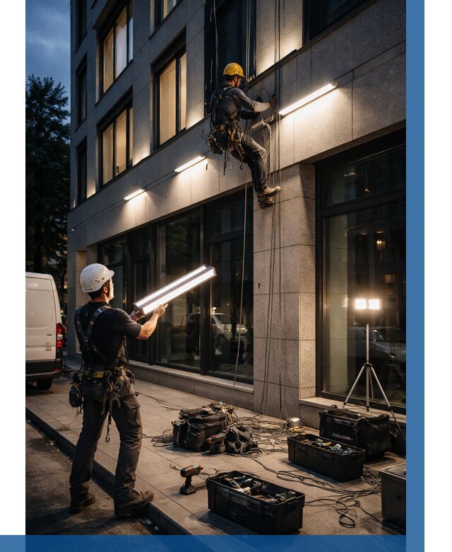 Монтаж архитектурной подсветки здания в Шарыпове от 2526 р.|ВЫСОТНИК-Шрп