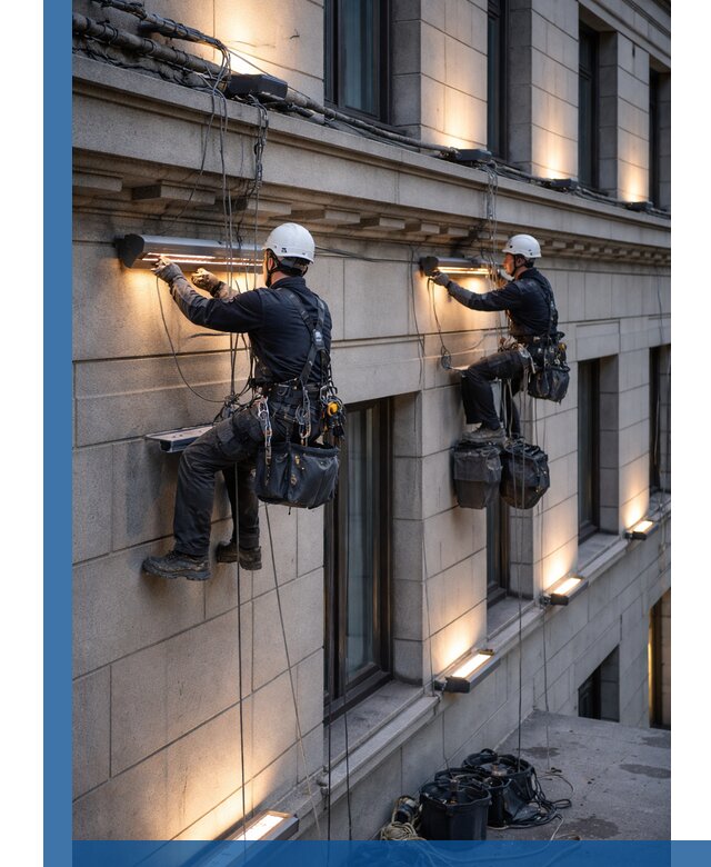 Монтаж архитектурной подсветки фасадов зданий в Шарыпове