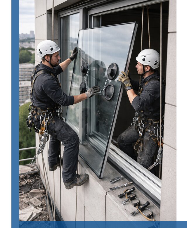 Замена стеклопакетов на высоте с промышленными альпинистами в Шарыпове