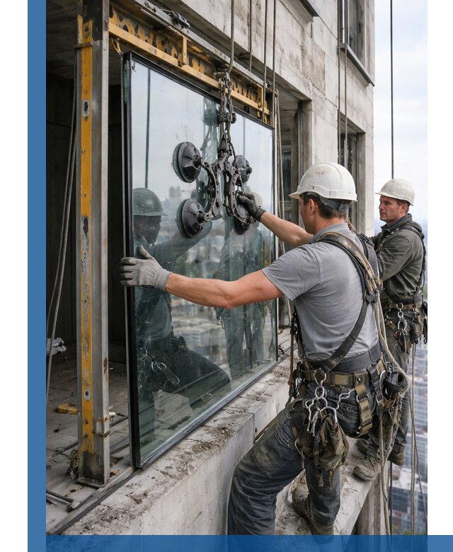 Монтаж стеклопакетов на высоте в Шарыпове с промышленным альпинизмом