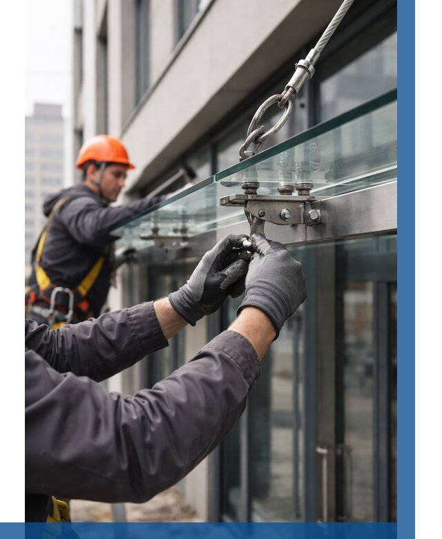 Монтаж стеклянных козырьков в Шарыпове от 8589 р. | ВЫСОТНИК-Шрп