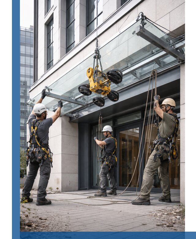 Монтаж стеклянных козырьков под ключ в Шарыпове для зданий