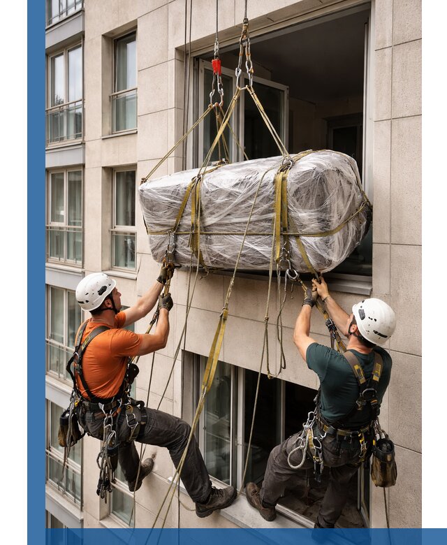 Подъем грузов через окно в Шарыпове промышленными альпинистами