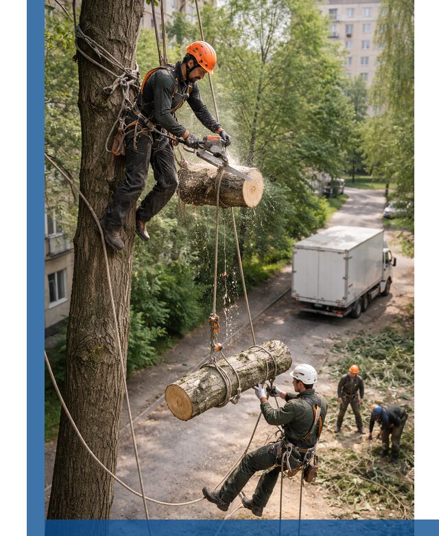 Спил деревьев альпинистами в Шарыпове, безопасно и без повреждений