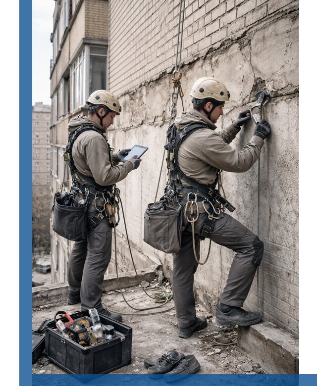 Обследование фасада промышленными альпинистами в Шарыпове